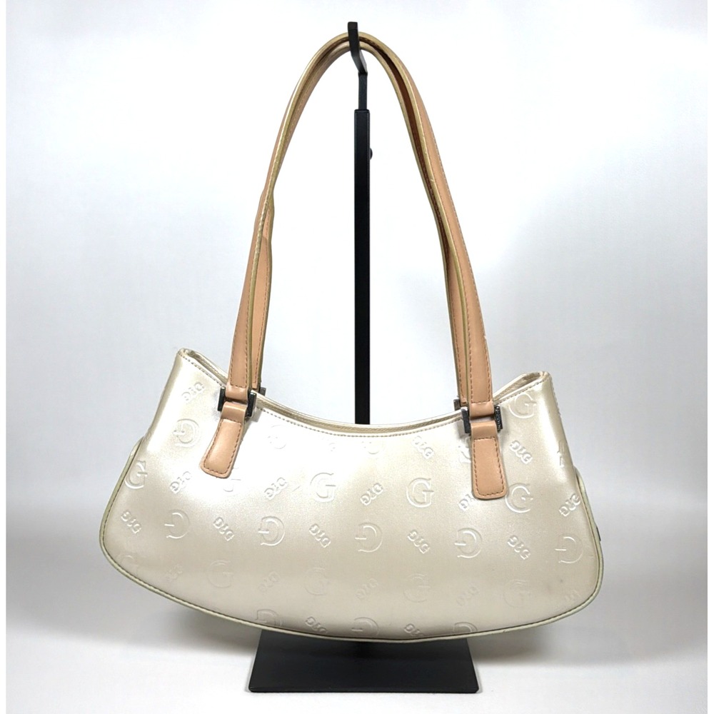 GUESS Y2K Shoulder Bag Pearl Ivory Embossed Logo Monogram Purse Vintage Style